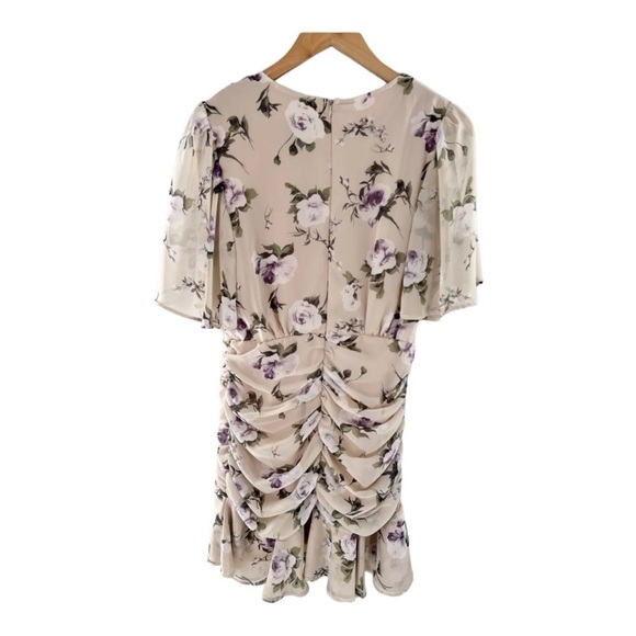 JUST ME Women's Medium Floral Taupe Dress Ruched Draped Above Knee size M - Picture 4 of 12